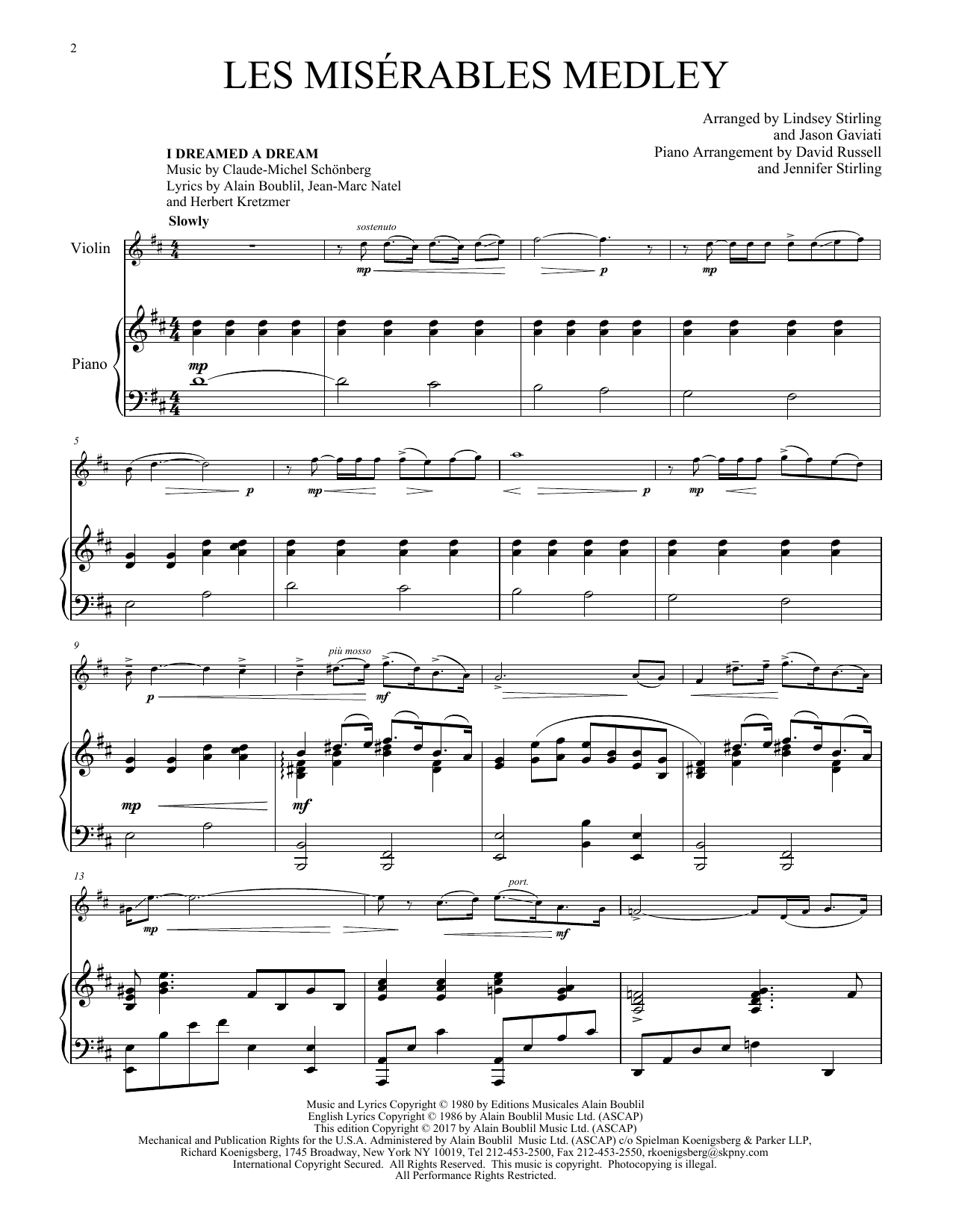 Lindsey Stirling Les Misérables Medley sheet music notes and chords arranged for Violin and Piano