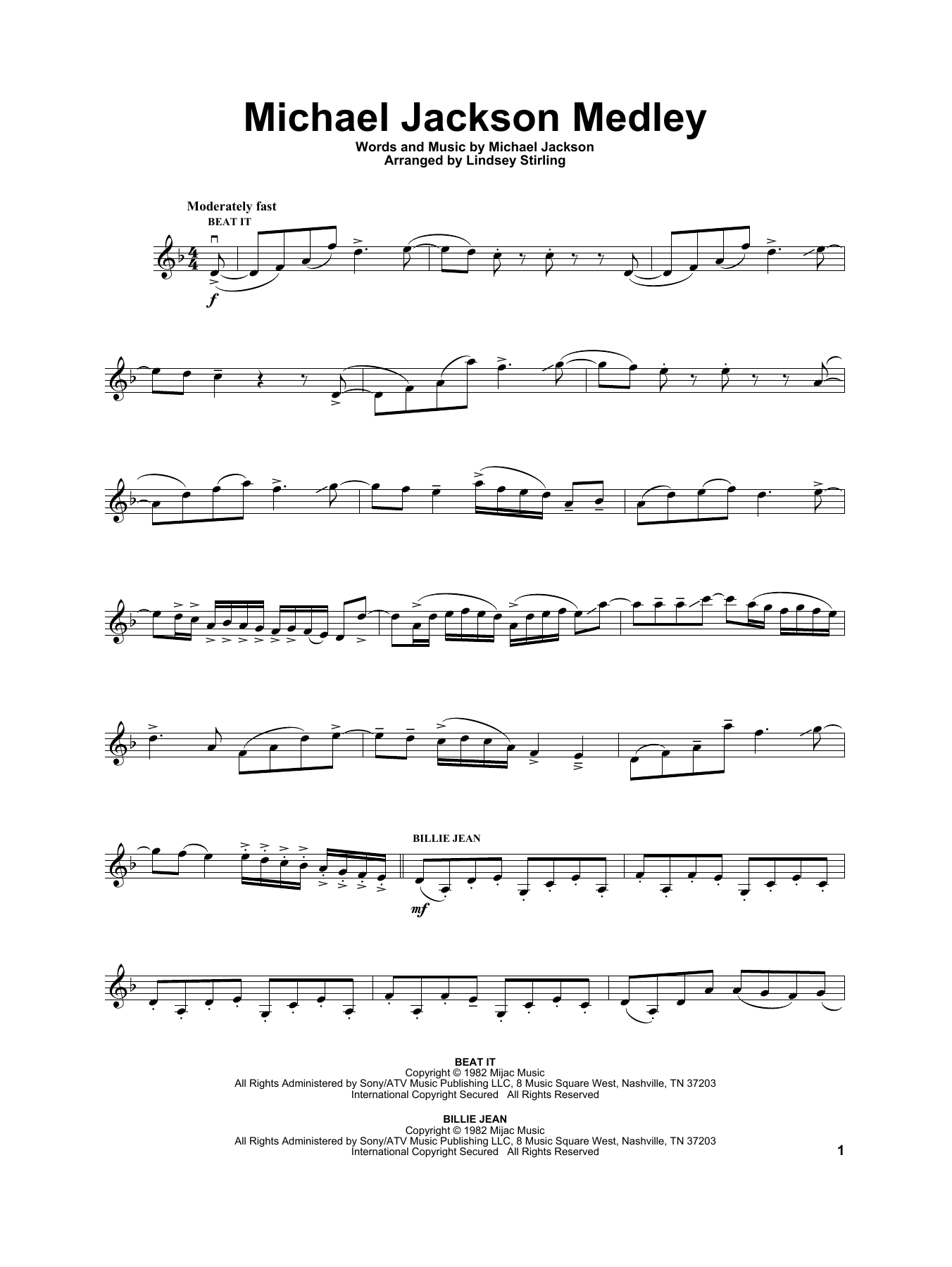 Lindsey Stirling Michael Jackson Medley sheet music notes and chords arranged for Violin Solo