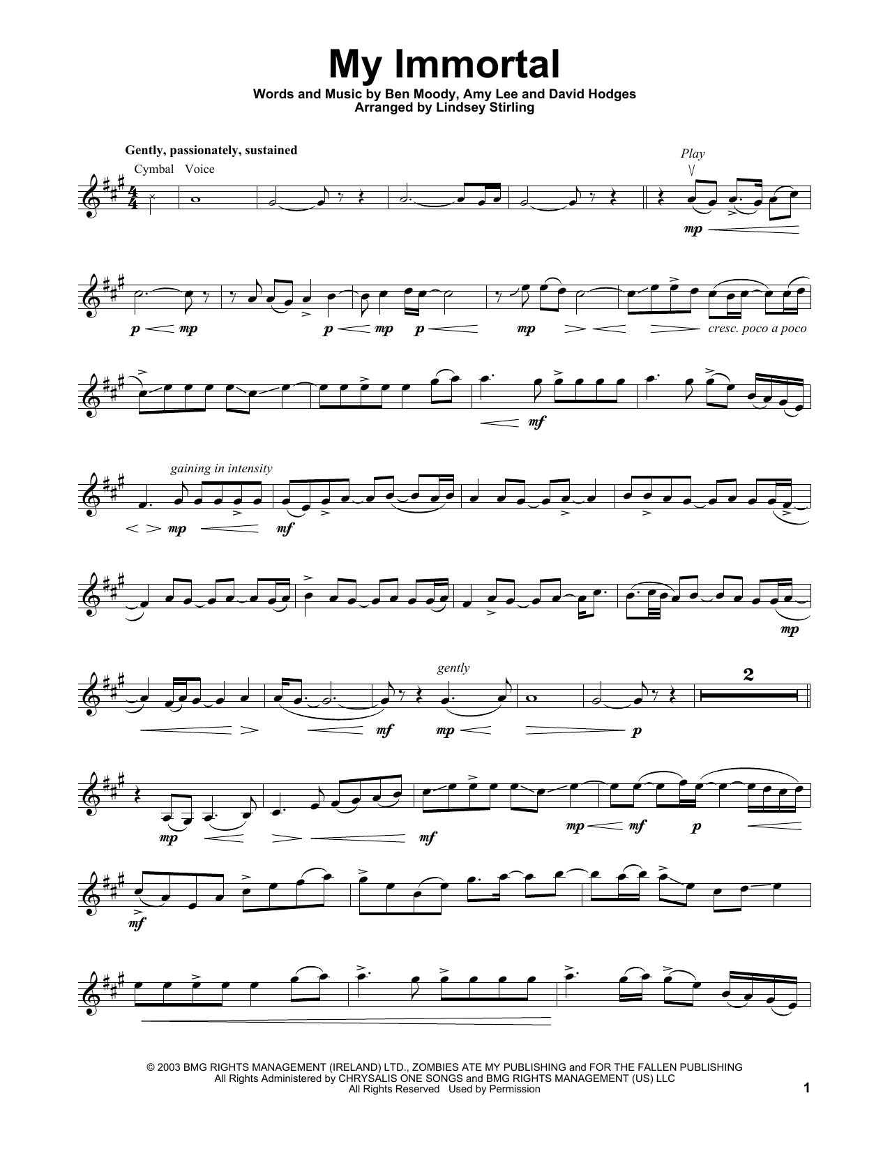 Lindsey Stirling My Immortal sheet music notes and chords arranged for Violin Solo