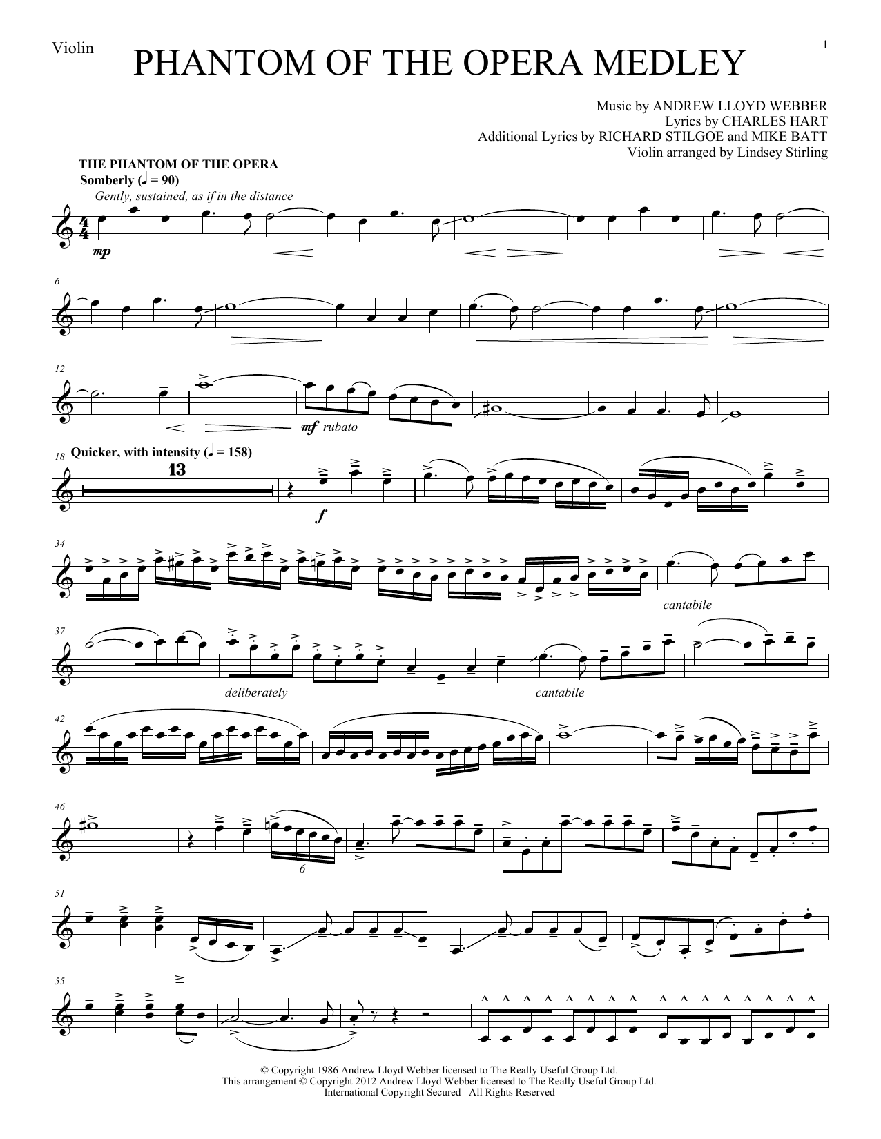 Lindsey Stirling Phantom of The Opera Medley sheet music notes and chords arranged for Violin Solo
