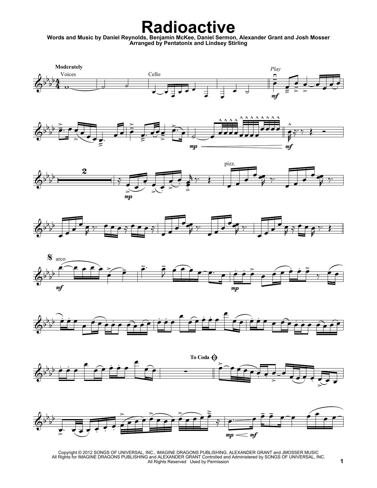 Lindsey Stirling Radioactive sheet music notes and chords arranged for Violin Solo