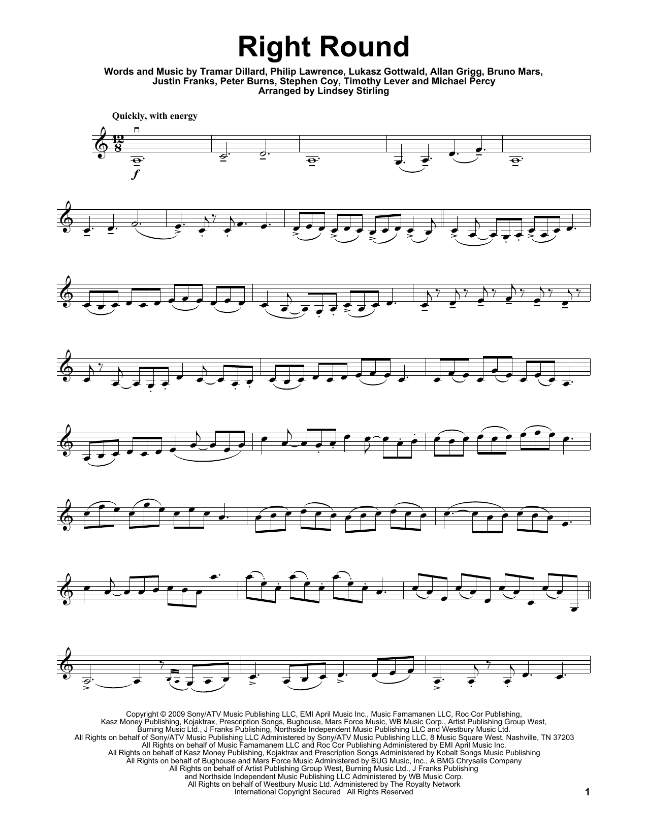 Lindsey Stirling Right Round sheet music notes and chords arranged for Violin Solo