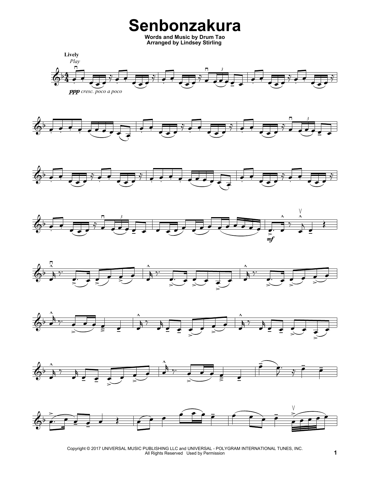 Lindsey Stirling Senbonzakura sheet music notes and chords arranged for Violin Solo