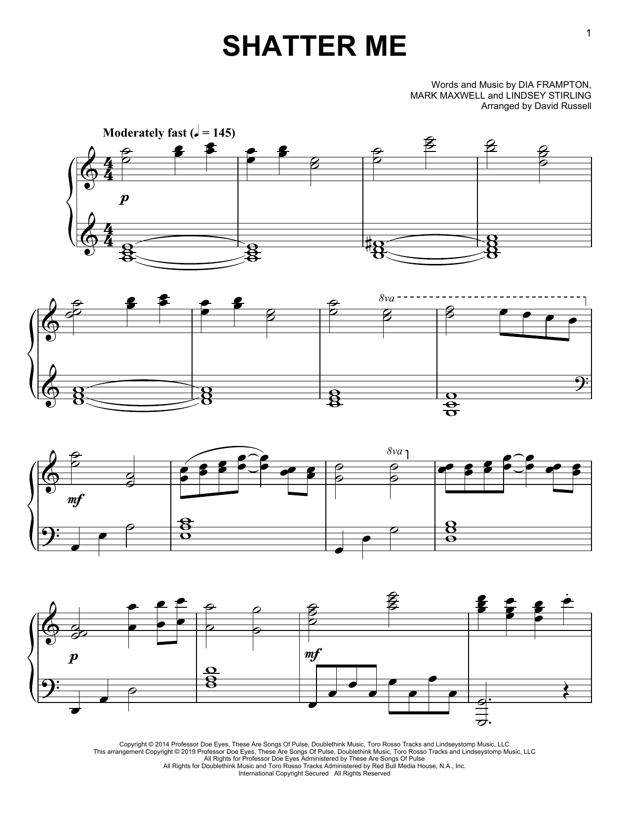 Lindsey Stirling Shatter Me sheet music notes and chords arranged for Easy Piano