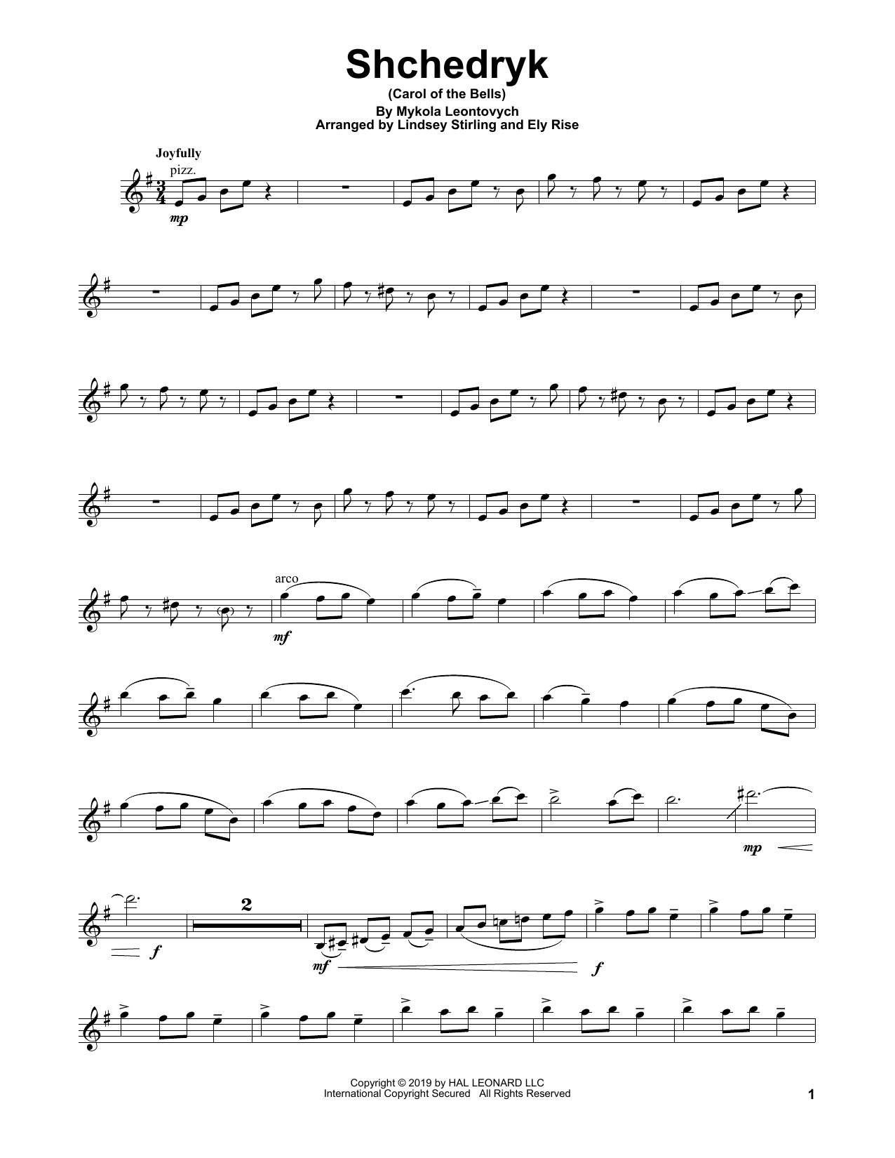 Lindsey Stirling Shchedryk (Carol Of The Bells) sheet music notes and chords arranged for Violin Solo