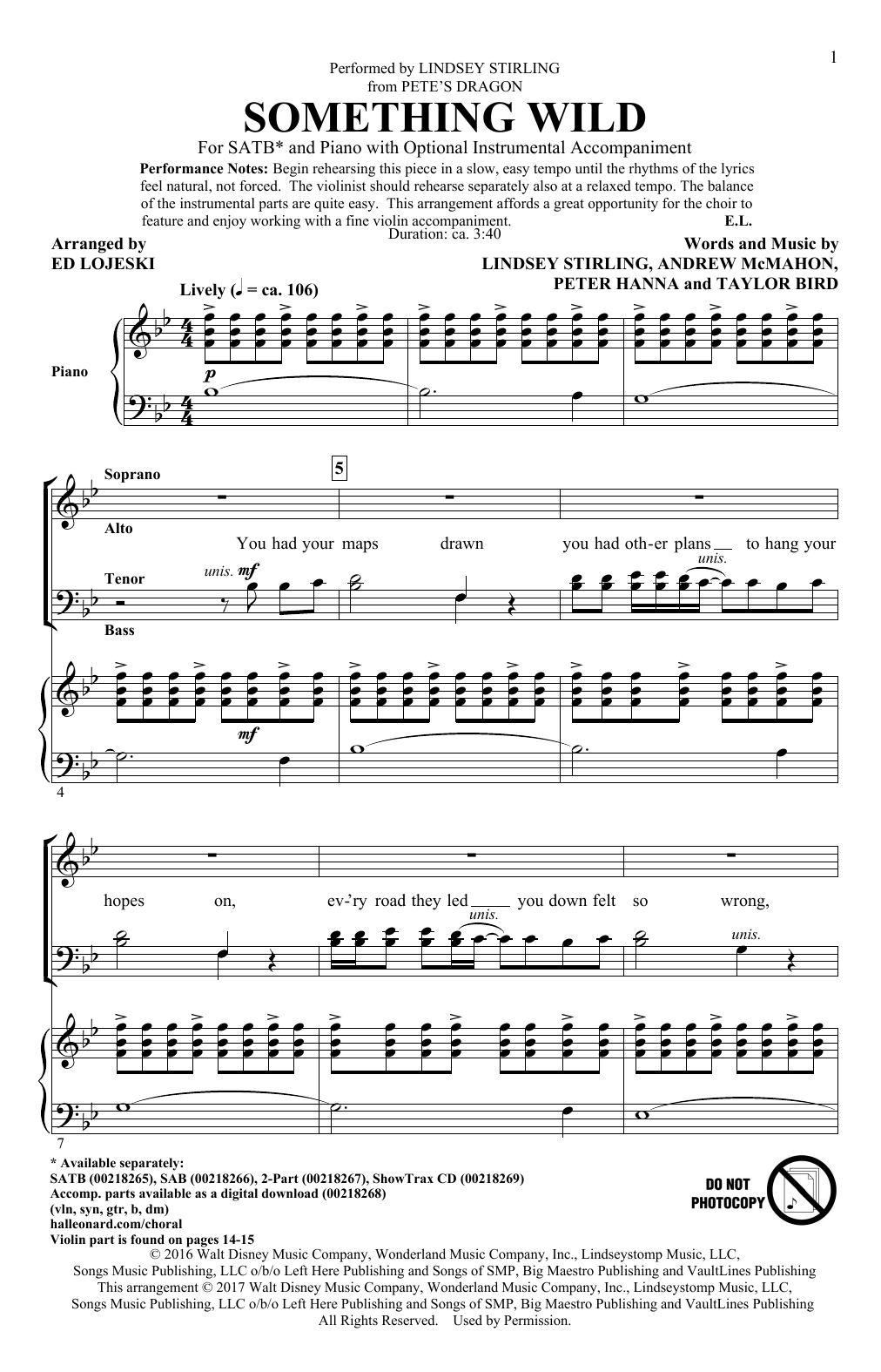 Lindsey Stirling Something Wild (arr. Ed Lojeski) sheet music notes and chords arranged for SAB Choir