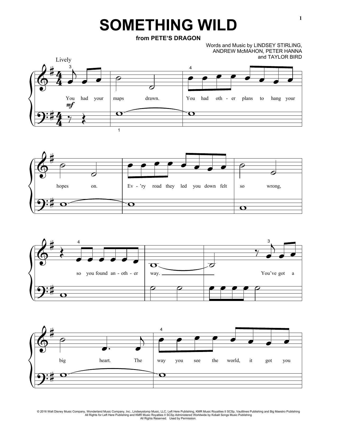 Lindsey Stirling Something Wild (from the Motion Picture Pete's Dragon) sheet music notes and chords arranged for Big Note Piano