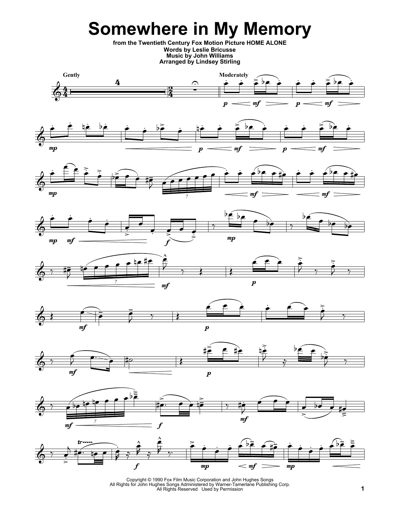 Lindsey Stirling Somewhere In My Memory (from Home Alone) sheet music notes and chords arranged for Violin Solo