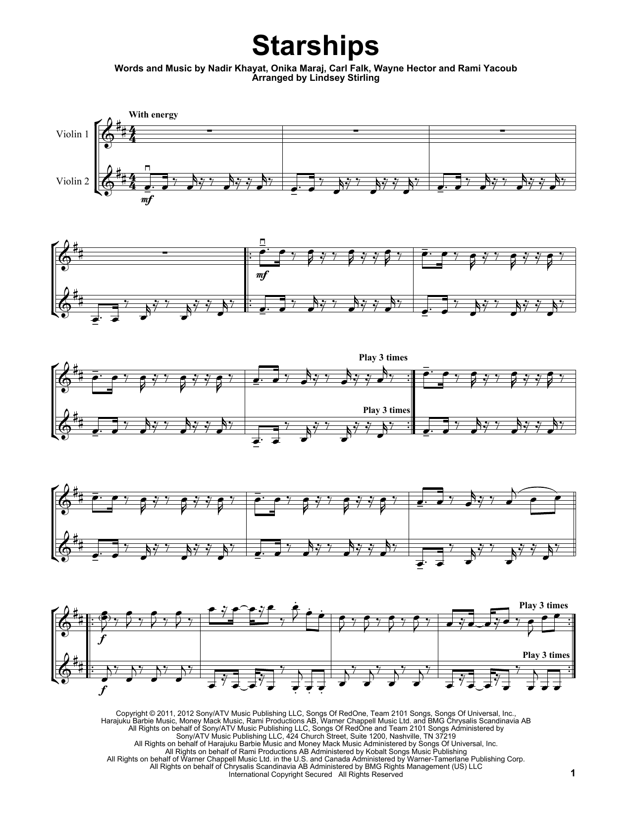 Lindsey Stirling Starships sheet music notes and chords arranged for Violin Duet