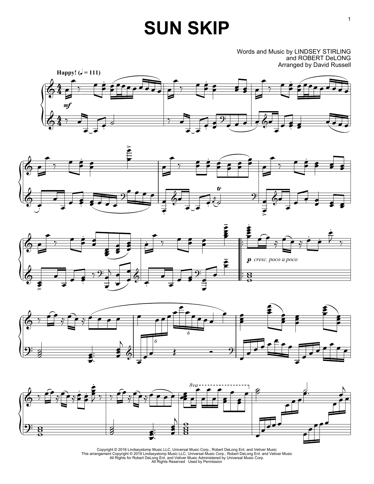 Lindsey Stirling Sun Skip sheet music notes and chords arranged for Easy Piano