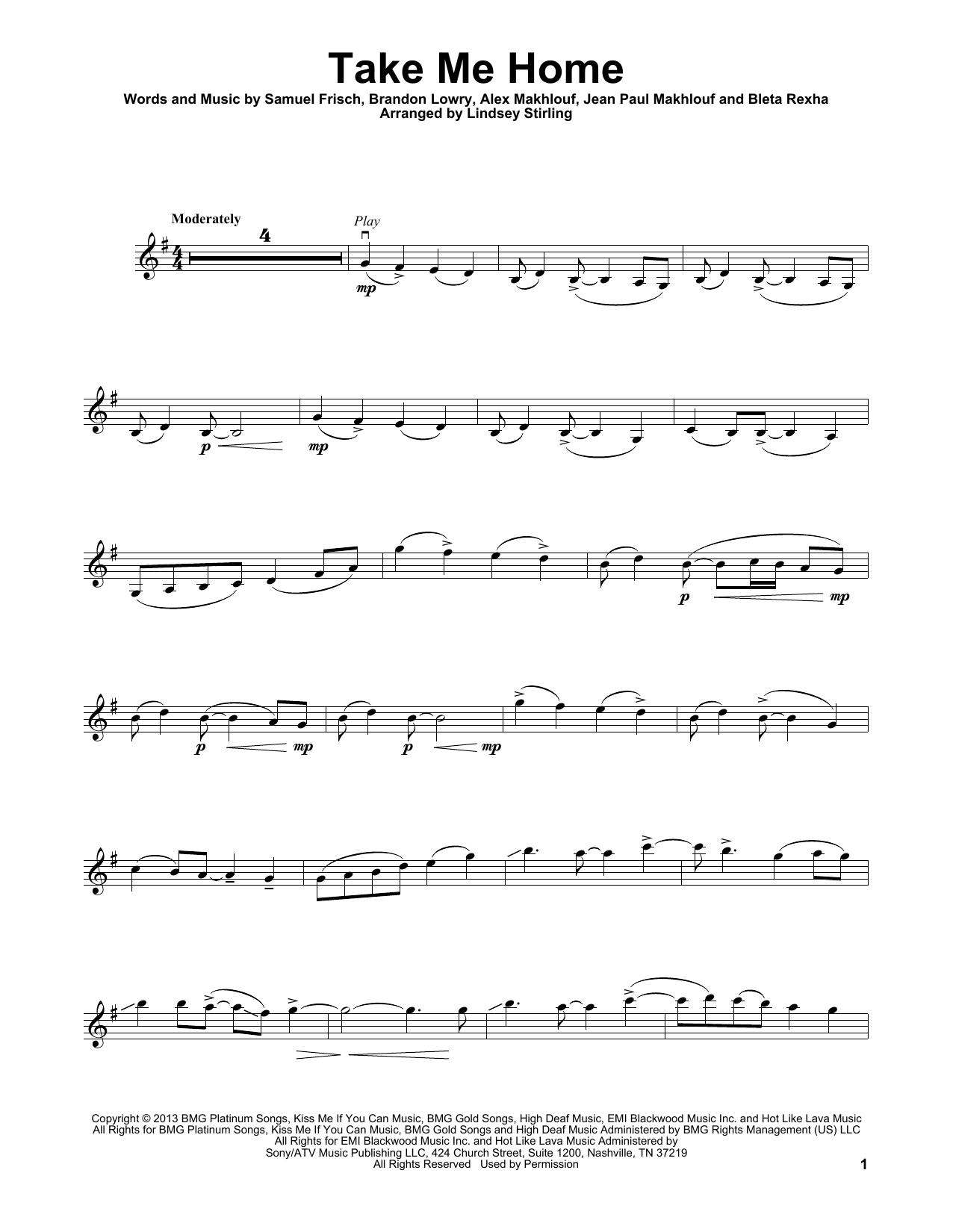Lindsey Stirling Take Me Home sheet music notes and chords arranged for Violin Solo