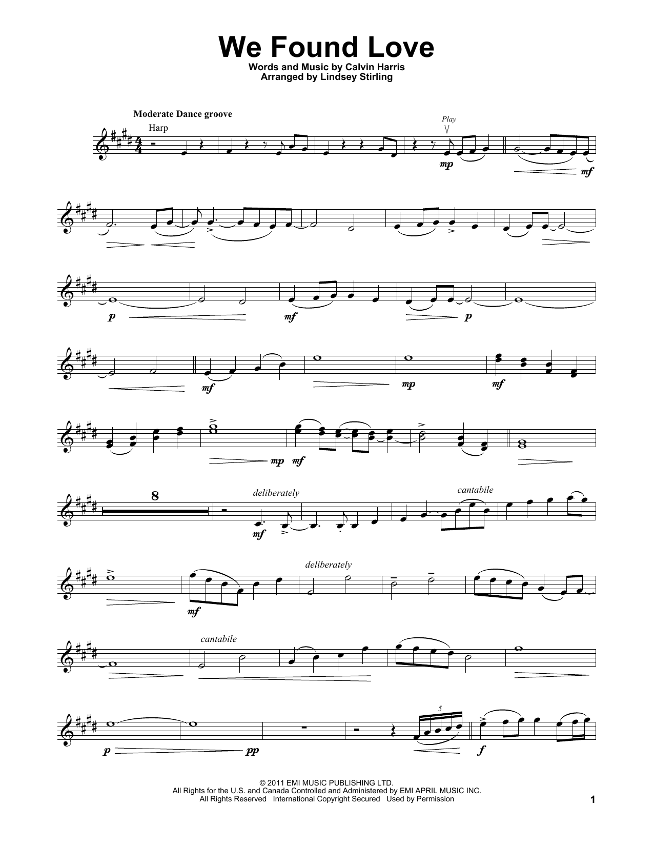 Lindsey Stirling We Found Love sheet music notes and chords arranged for Violin Solo