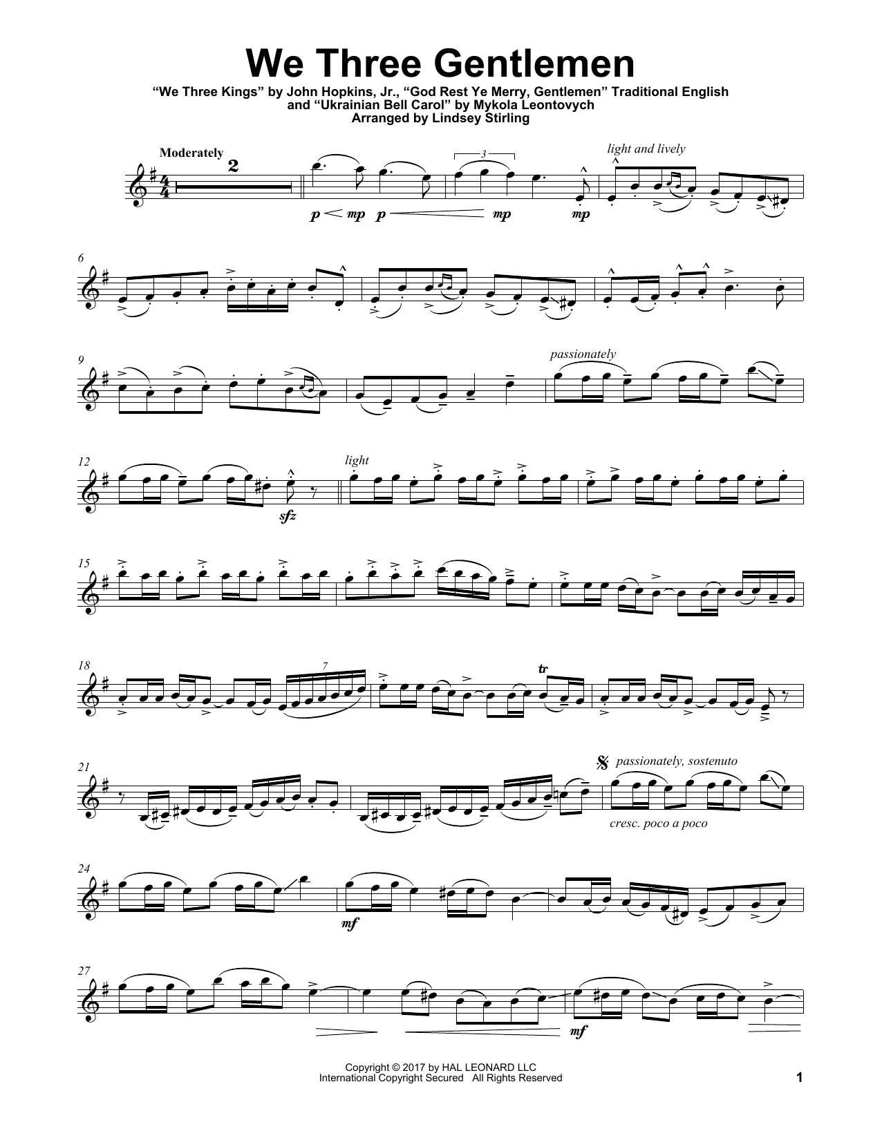 Lindsey Stirling We Three Gentlemen (Medley) sheet music notes and chords arranged for Violin Solo