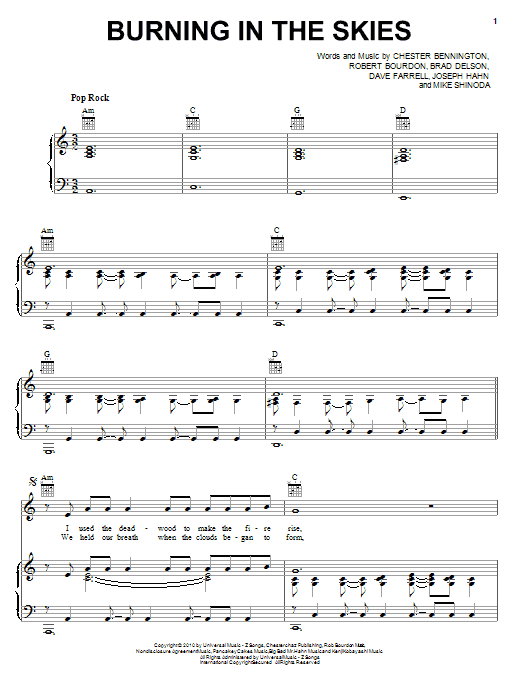 Linkin Park Burning In The Skies sheet music notes and chords arranged for Piano, Vocal & Guitar Chords (Right-Hand Melody)