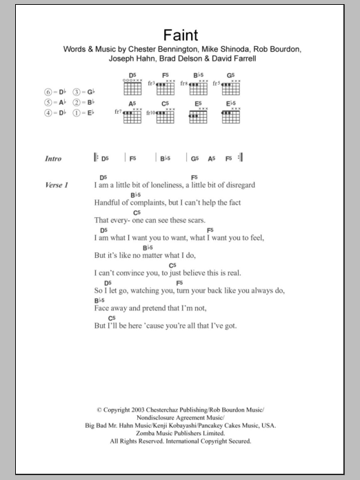 Linkin Park Faint sheet music notes and chords arranged for Guitar Chords/Lyrics