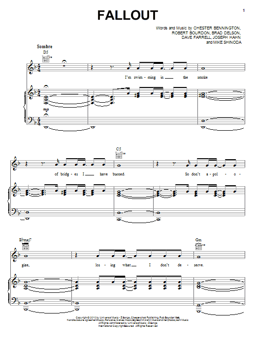 Linkin Park Fallout sheet music notes and chords arranged for Piano, Vocal & Guitar Chords (Right-Hand Melody)
