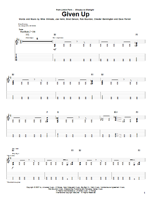 Linkin Park Given Up sheet music notes and chords arranged for Guitar Tab