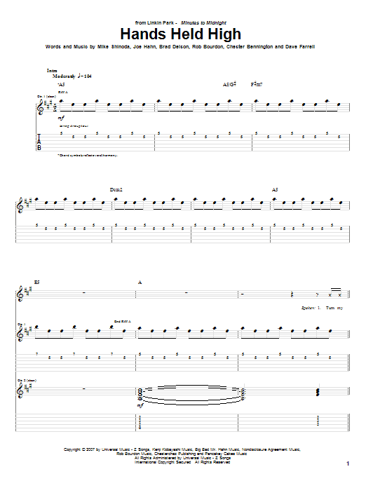 Linkin Park Hands Held High sheet music notes and chords arranged for Guitar Tab