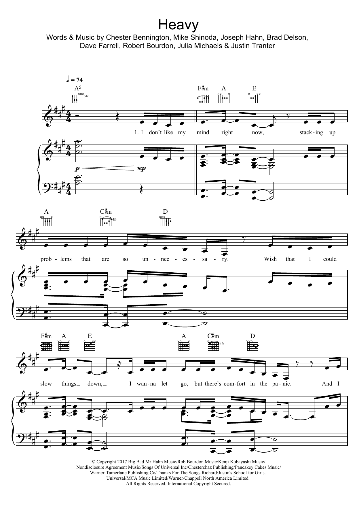 Linkin Park Heavy sheet music notes and chords arranged for Piano, Vocal & Guitar Chords