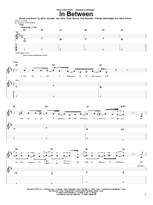 Linkin Park In Between sheet music notes and chords arranged for Guitar Tab