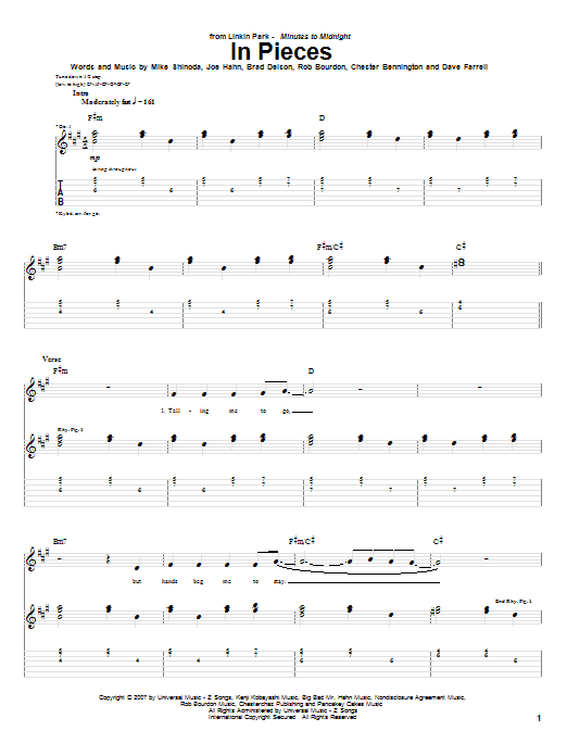 Linkin Park In Pieces sheet music notes and chords arranged for Guitar Tab