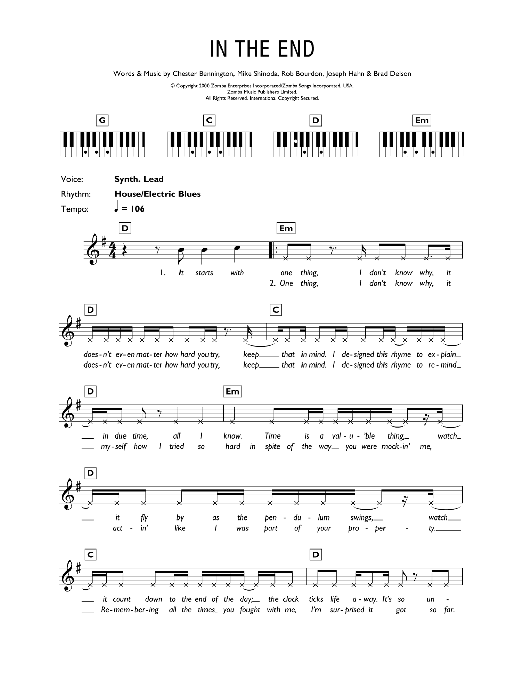 Linkin Park In The End sheet music notes and chords arranged for Guitar Lead Sheet