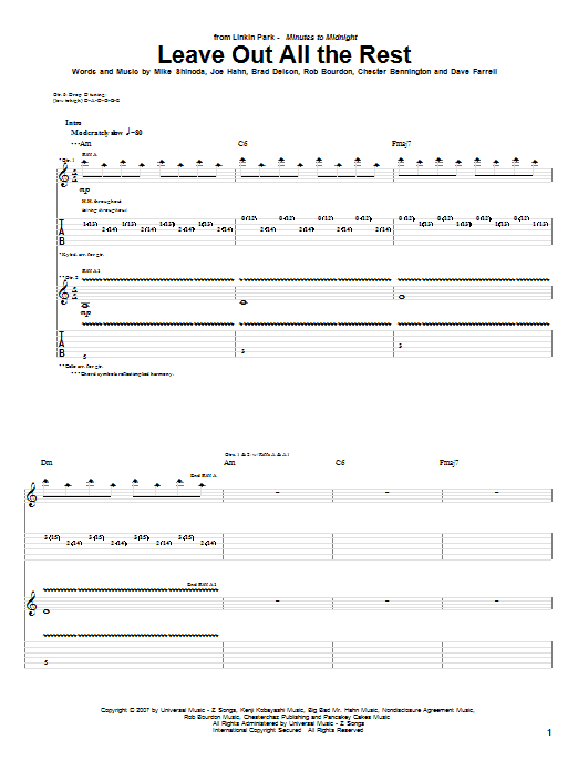 Linkin Park Leave Out All The Rest sheet music notes and chords arranged for Guitar Tab