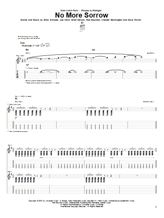 Linkin Park No More Sorrow sheet music notes and chords arranged for Guitar Tab