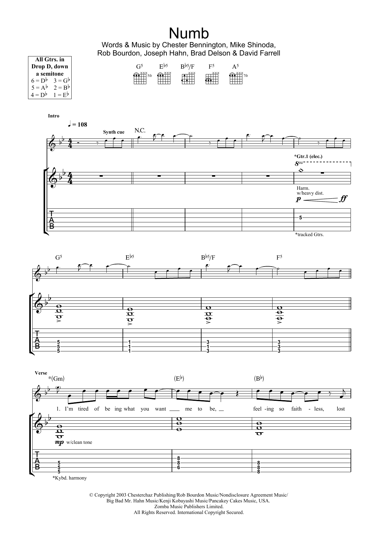 Linkin Park Numb sheet music notes and chords arranged for Guitar Chords/Lyrics
