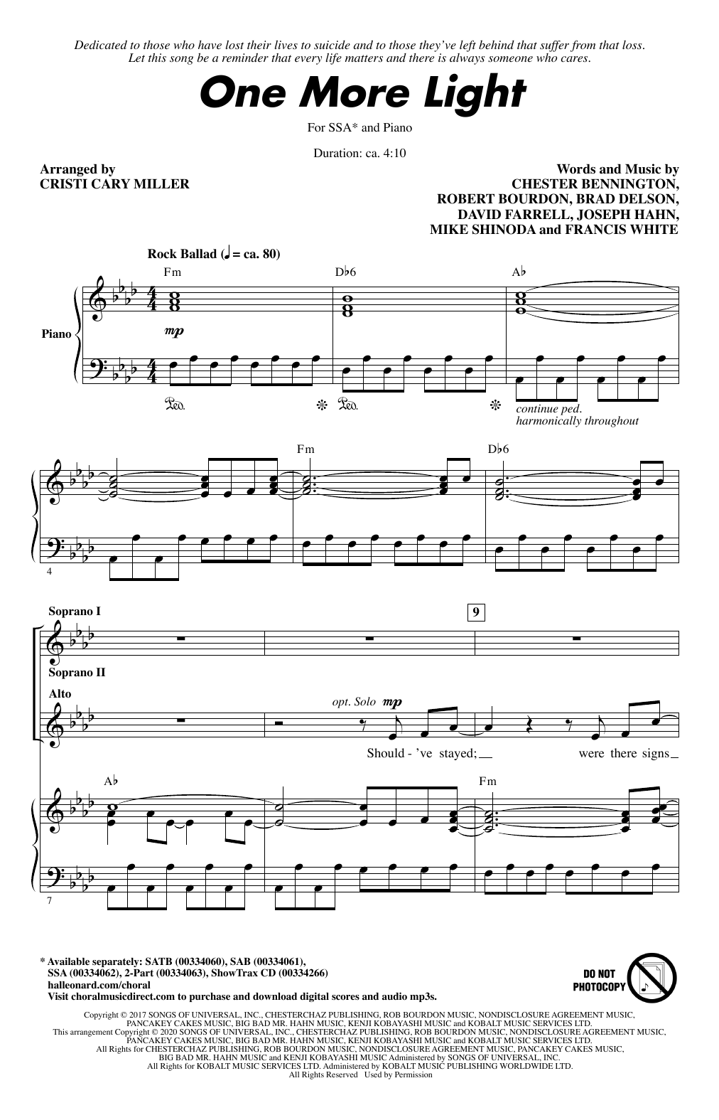 Linkin Park One More Light (arr. Cristi Cary Miller) sheet music notes and chords arranged for SSA Choir