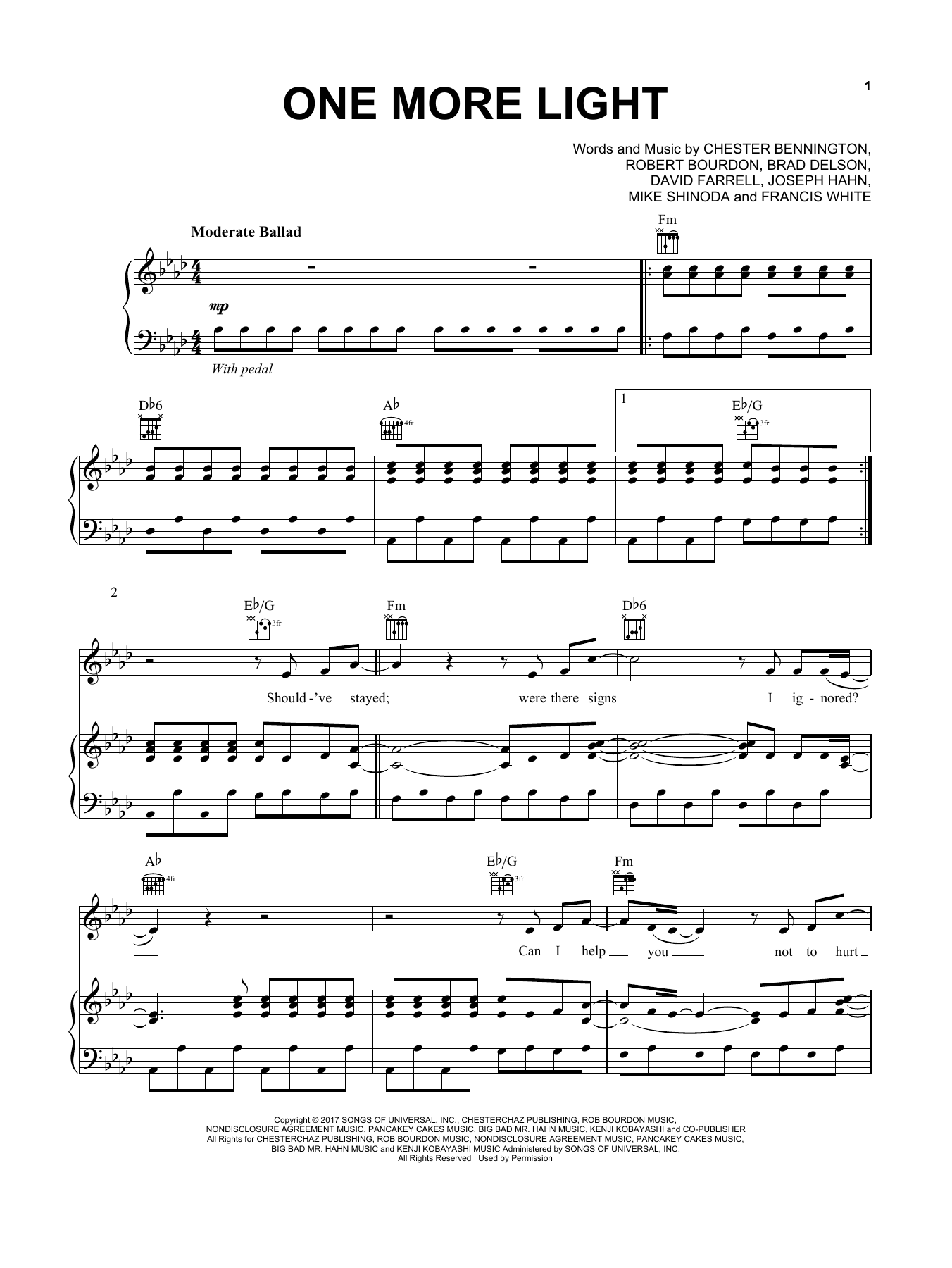 Linkin Park One More Light sheet music notes and chords arranged for Piano, Vocal & Guitar Chords (Right-Hand Melody)