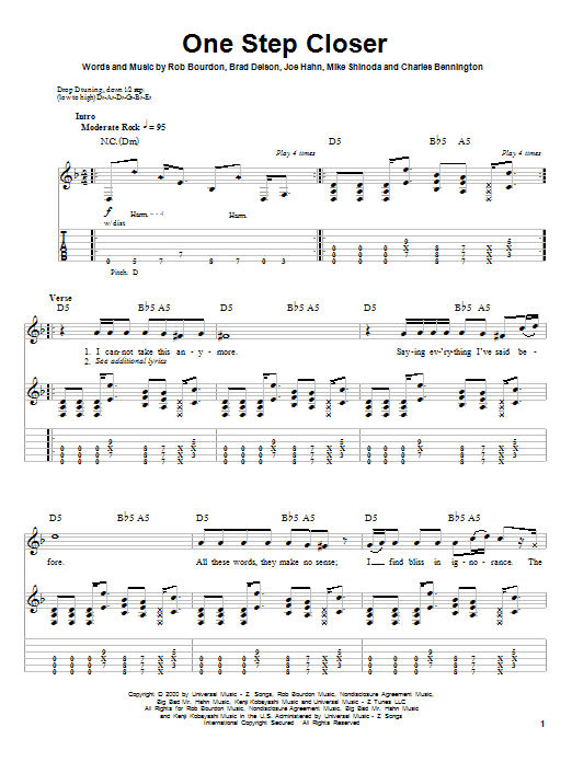Linkin Park One Step Closer sheet music notes and chords arranged for Easy Guitar Tab