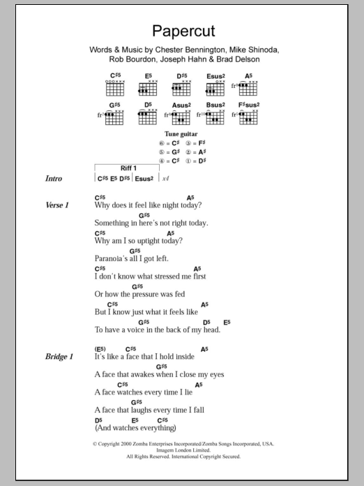 Linkin Park Papercut sheet music notes and chords arranged for Guitar Chords/Lyrics