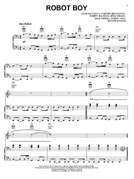 Linkin Park Robot Boy sheet music notes and chords arranged for Piano, Vocal & Guitar Chords (Right-Hand Melody)
