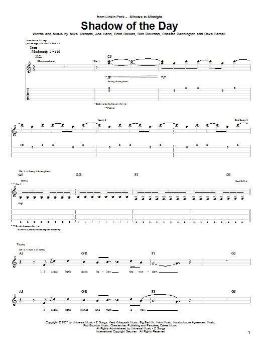 Linkin Park Shadow Of The Day sheet music notes and chords arranged for Piano, Vocal & Guitar Chords (Right-Hand Melody)