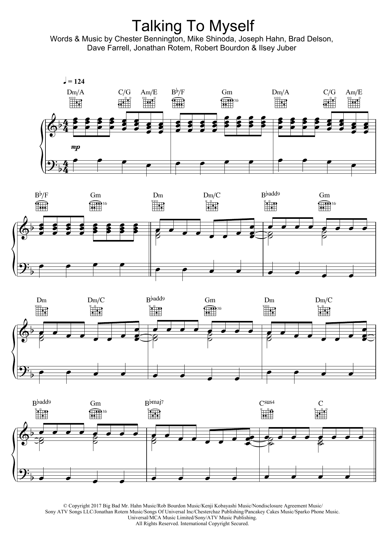 Linkin Park Talking To Myself sheet music notes and chords arranged for Piano, Vocal & Guitar Chords