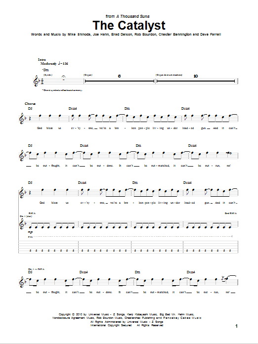 Linkin Park The Catalyst sheet music notes and chords arranged for Piano, Vocal & Guitar Chords (Right-Hand Melody)