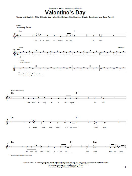 Linkin Park Valentine's Day sheet music notes and chords arranged for Guitar Tab
