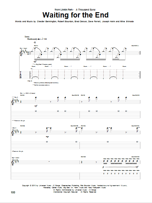 Linkin Park Waiting For The End sheet music notes and chords arranged for Guitar Tab