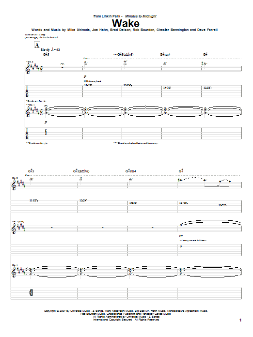 Linkin Park Wake sheet music notes and chords arranged for Guitar Tab