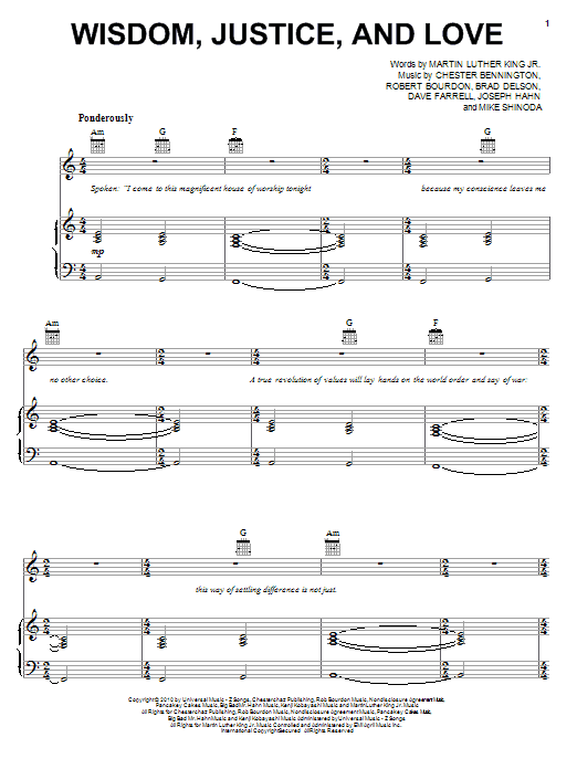 Linkin Park Wisdom, Justice, And Love sheet music notes and chords arranged for Piano, Vocal & Guitar Chords (Right-Hand Melody)