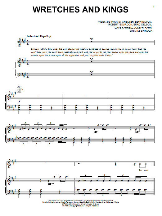 Linkin Park Wretches And Kings sheet music notes and chords arranged for Piano, Vocal & Guitar Chords (Right-Hand Melody)