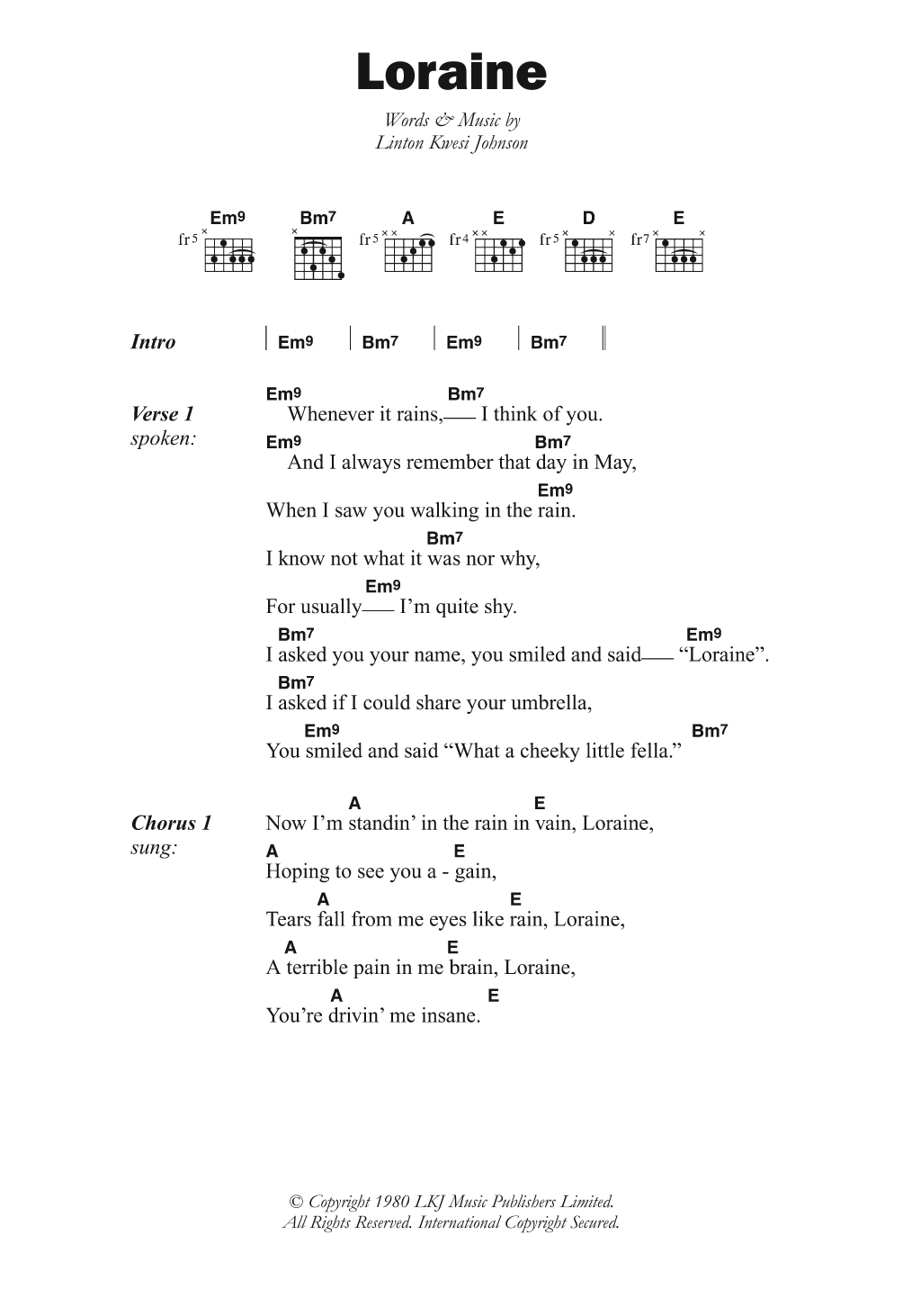 Linton Kwesi Johnson Loraine sheet music notes and chords arranged for Guitar Chords/Lyrics