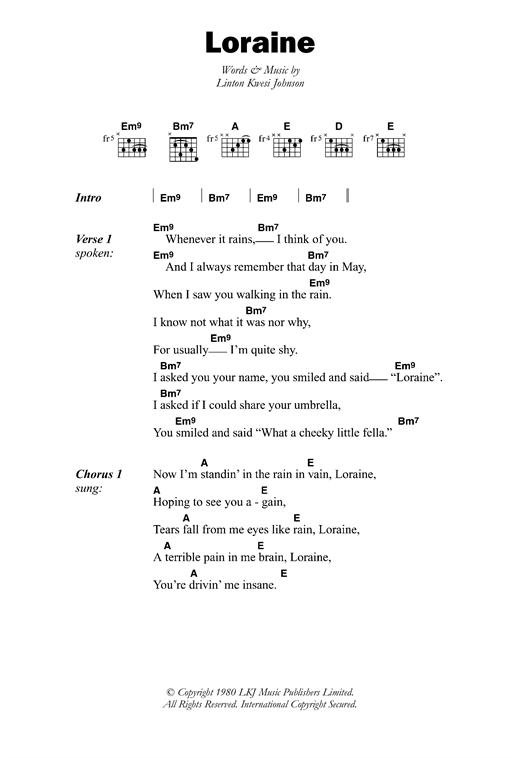 Linton Kwesi Johnson Loraine sheet music notes and chords arranged for Guitar Chords/Lyrics