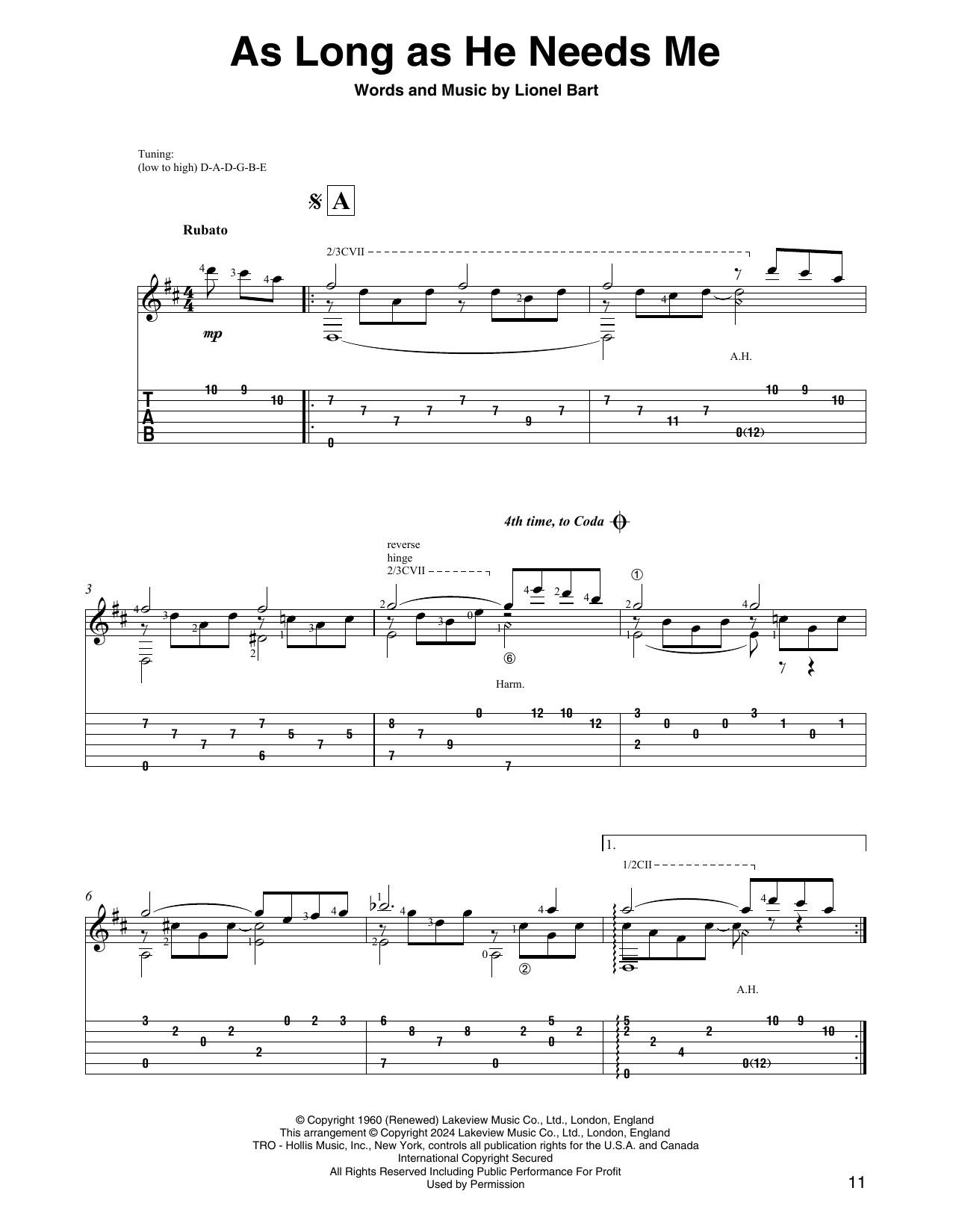 Lionel Bart As Long As He Needs Me (from Oliver!) (arr. David Jaggs) sheet music notes and chords arranged for Solo Guitar
