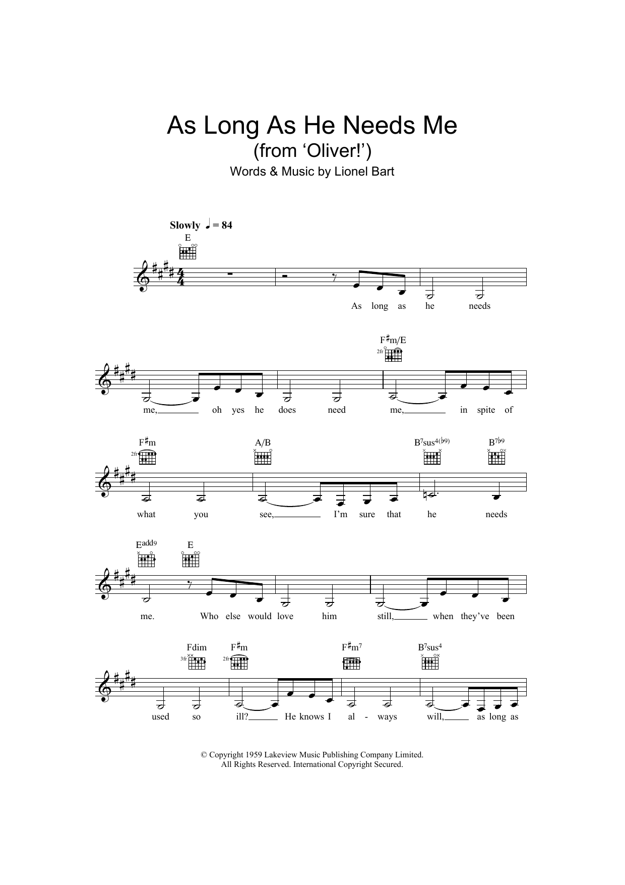 Lionel Bart As Long As He Needs Me (from Oliver!) sheet music notes and chords arranged for Piano Chords/Lyrics