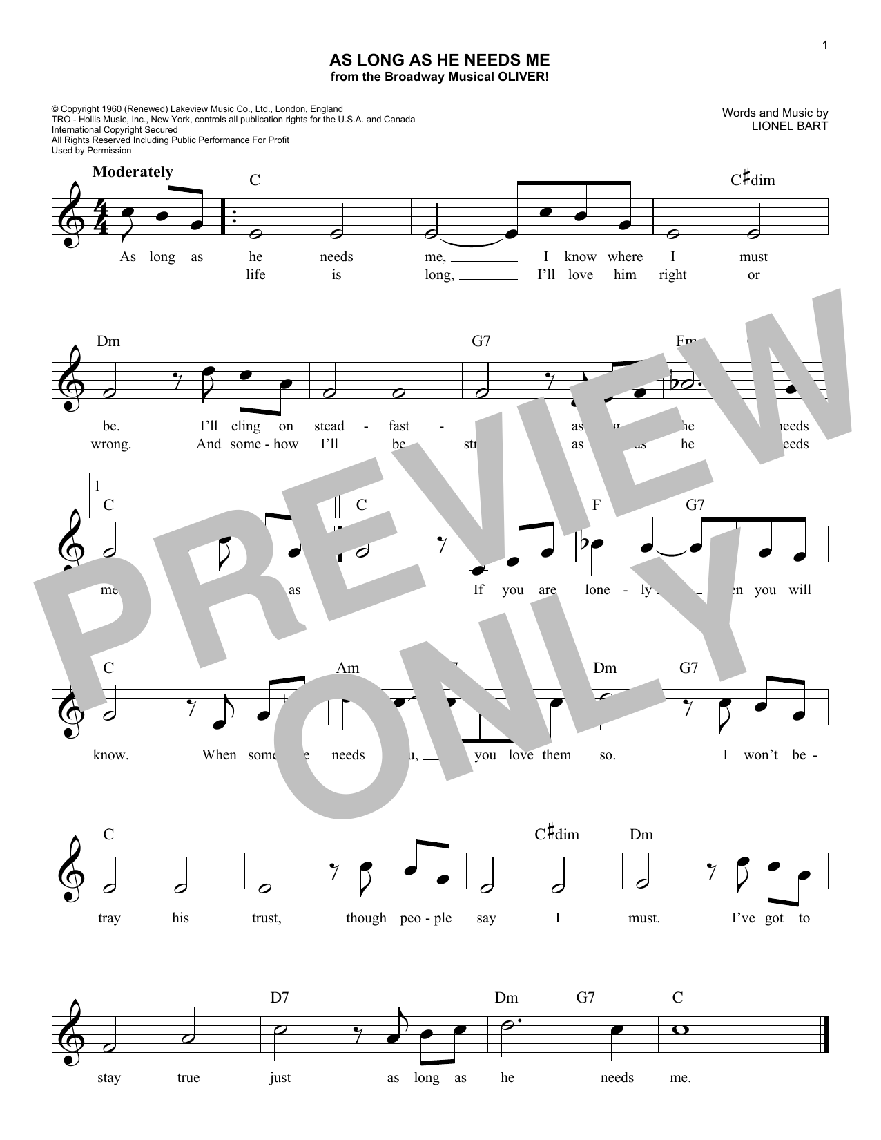 Lionel Bart As Long As He Needs Me (from the musical Oliver!) sheet music notes and chords arranged for Lead Sheet / Fake Book