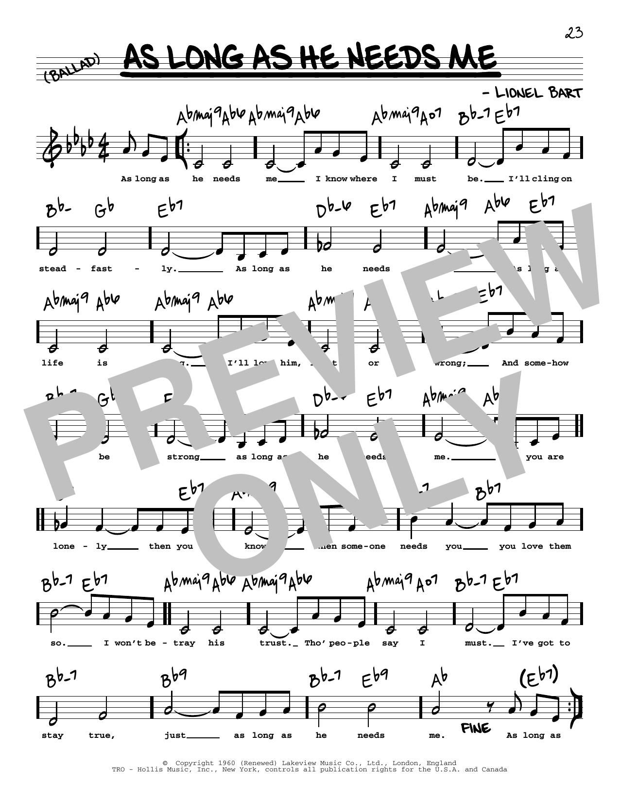 Lionel Bart As Long As He Needs Me (Low Voice) sheet music notes and chords arranged for Real Book – Melody, Lyrics & Chords