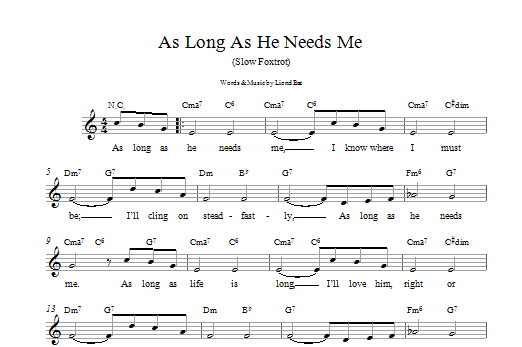 Lionel Bart As Long As He Needs Me sheet music notes and chords arranged for Tenor Sax Solo