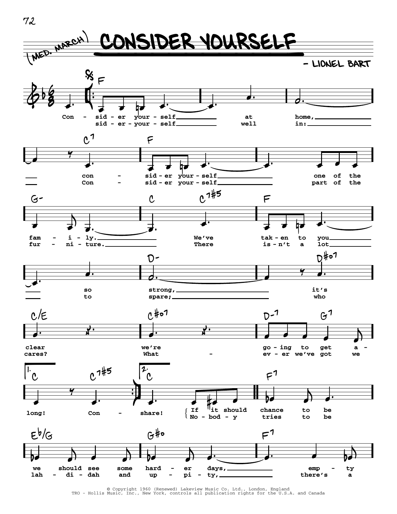 Lionel Bart Consider Yourself (Low Voice) (from Oliver!) sheet music notes and chords arranged for Real Book – Melody, Lyrics & Chords